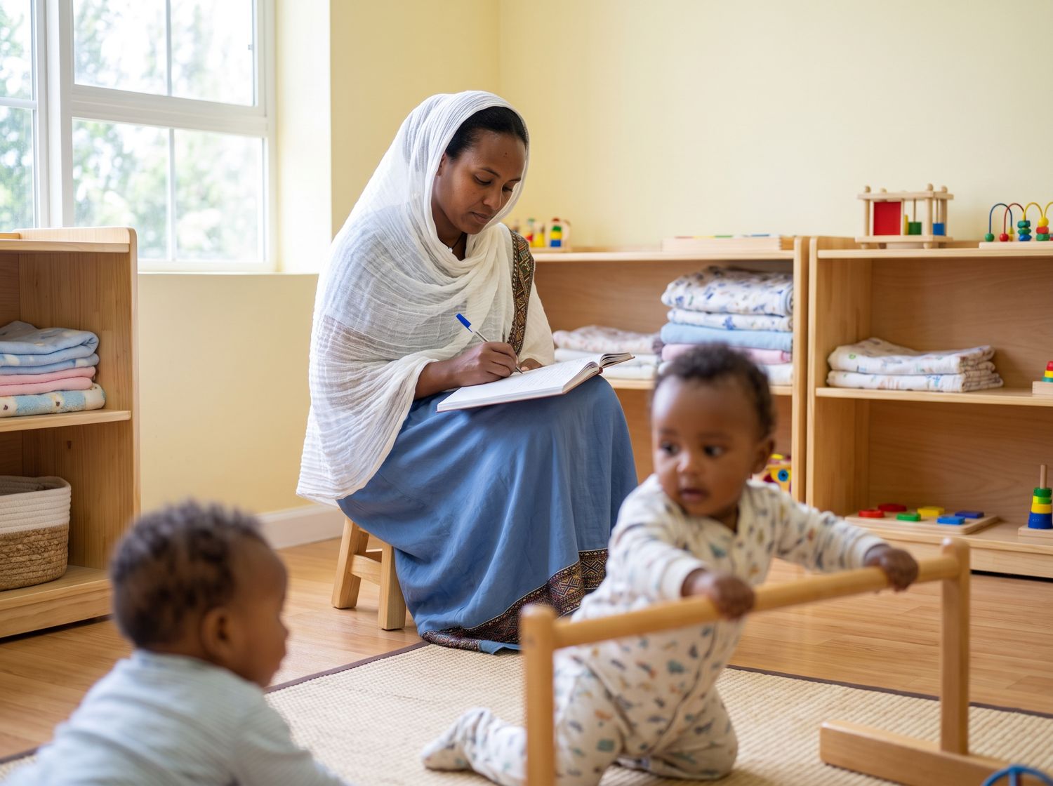 A trainee caregiver observes infants and takes notes