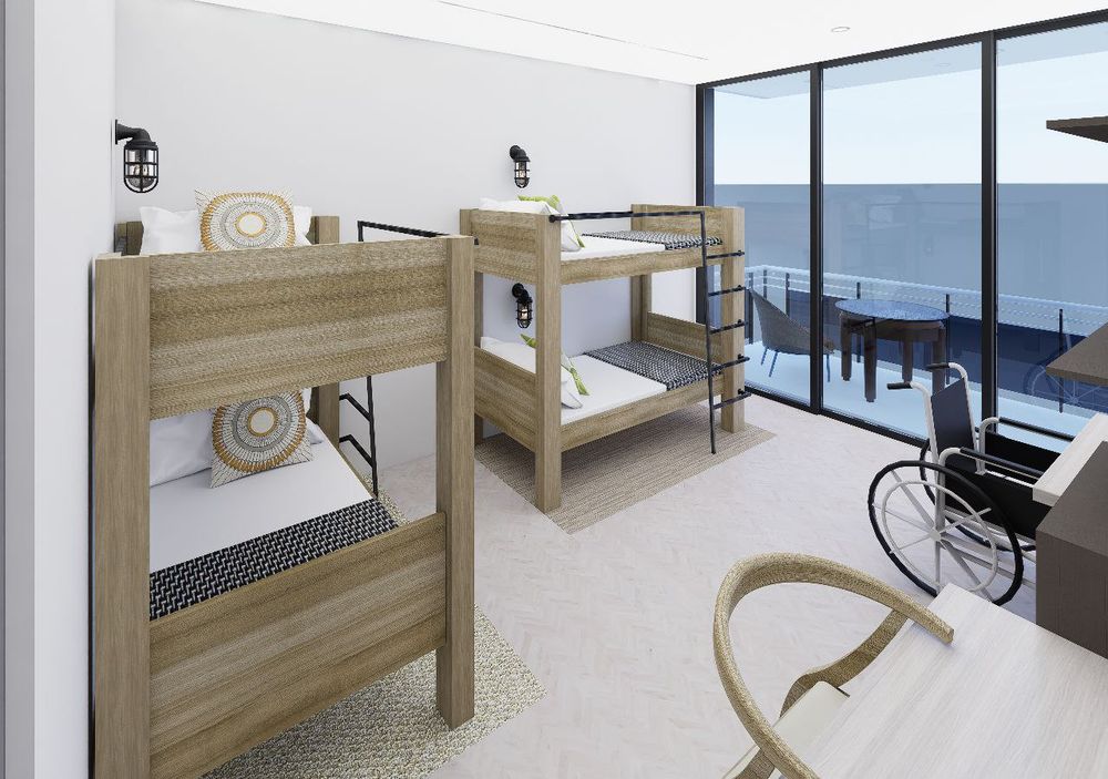 Render of an accessible trainee room with bunk beds, a wheelchair and floor-to-ceiling windows onto a balcony